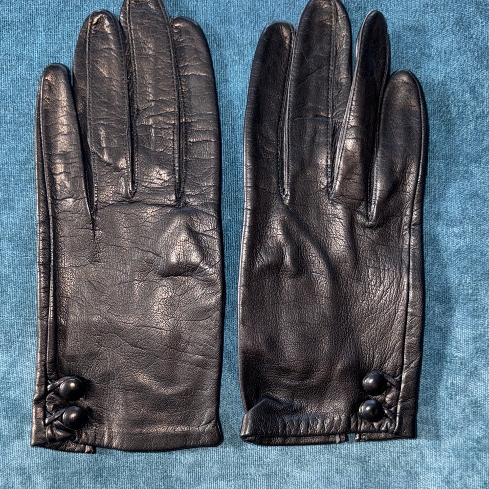 Black Leather Gloves with Button Detail